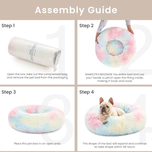 Love's cabin Calming Cat Bed for Indoor Cats, Anti-Anxiety Donut Round Dog Bed,Fluffy Faux Fur Washable Pet Bed for Small Medium Dogs and Cats, Rainbow, 20in