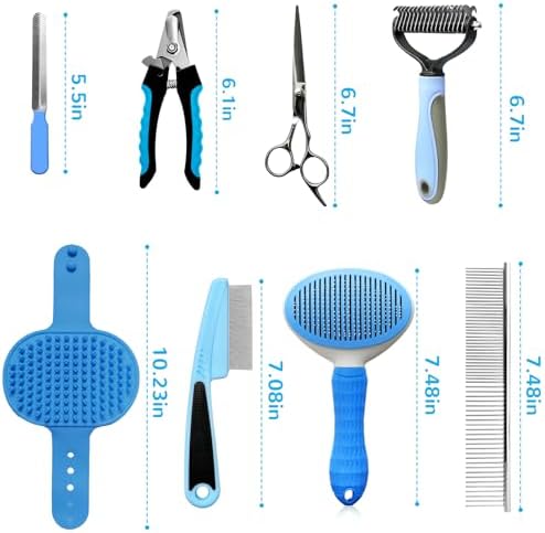 Dog Brush & Grooming Kit – 9-Piece Pet Brush & Deshedding Set for Shedding, Bathing, Trimming & Nail Care | Grooming Tools for Dogs & Cats, Includes Comb, Nail Clipper, Scissors, Slicker Brush (Blue)