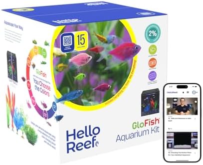 HelloReef 15 Gallon Glofish Complete Freshwater Aquarium Kit with App Controlled Smart LED Lighting, Filtration, Glofish Decor, and Guided Online Learning Center