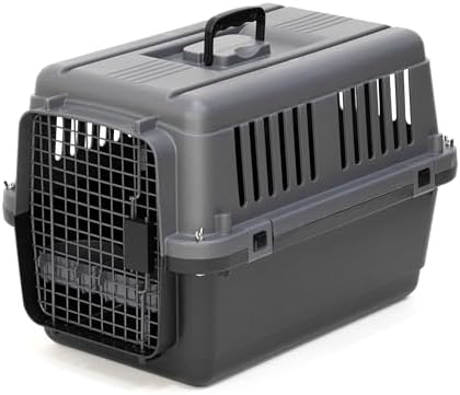 SportPet Airline Compliant Small 24" Travel Dog Kennel - Durable Plastic Airline Pet Carrier (No Wheels) & Food Bowls, Collapsible Indoor/Outdoor Dog Kennel, Dogs up to 21" L & 13" H - Dark Gray