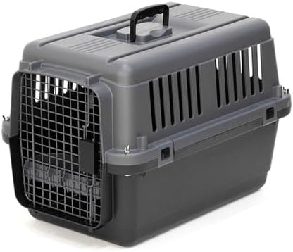 SportPet Airline Compliant Small 24" Travel Dog Kennel - Durable Plastic Airline Pet Carrier (No Wheels) & Food Bowls, Collapsible Indoor/Outdoor Dog Kennel, Dogs up to 21" L & 13" H - Dark Gray