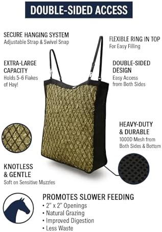 XL Double-Sided Knotless Slow Feed Hay Net – Holds 5–6 Flakes, 2"x2" Openings, Comfortable for Horse Muzzles, 1000D Mesh Side Gussets, Adjustable Hanging Strap, Durable & Safe Design