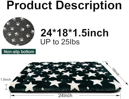 Dog Bed Mat, Reversible Dog Crate Pad with Washable Kennel Mat and Soft Foam, Pet Bed for Dogs & Cats, for Crates Carriers & Travel (Big&Small Stars Green, 24" L*18" W*1.5" Th)