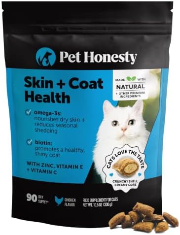 Cat Skin & Coat Supplement Crunchy Creamy Chews - Salmon Oil for Cats Omega 3 Itchy Dry Skin Relief - Feline Shedding Control - Biotin Vitamins for Indoor Cats Shiny Soft Coat (90-Day Supply)