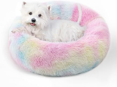 Calming Round Dog Bed & Cat Bed with Anti-Slip Bottom, Medium Size Washable Anti-Anxiety Donut Dog Beds for Small Dogs & Cats, Fluffy Plush Soft Dog Bed(24 Inch, Rainbow)