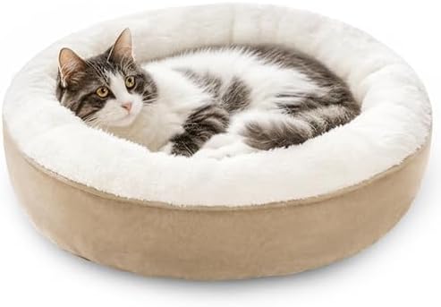 Love's cabin Round Donut Cat and Dog Cushion Bed, 20in Pet Bed for Cats or Small Dogs, Anti-Slip & Water-Resistant Bottom, Super Soft Durable Fabric Pet beds, Washable Luxury Cat & Dog Bed Camel