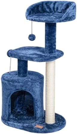 ClevaHome Small Deep Denim Blue Cat Tree for Small Spaces, Kittens, 33.5" Multi-Level Condo with Sisal Scratching Post, Plush Perches & Interactive Pompom Toy for Indoor Cats