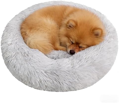 Calming Donut Dog Beds for Small Dogs Kitten - Washable Removable Cover Non-Slip Bottom, Round Pet Bed Puppy Bed Warming Fluffy Faux Fur Anti-Anxiety, Fits up to 15 lbs (Light Grey, 20")