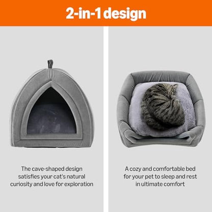 Amazon Basics Cat Cave Bed, 2-in-1 Foldable House for Indoor Cats, with Washable Cushion and Non-Slip Base, 17.5 x 17.5 Inches, Large, LightGray