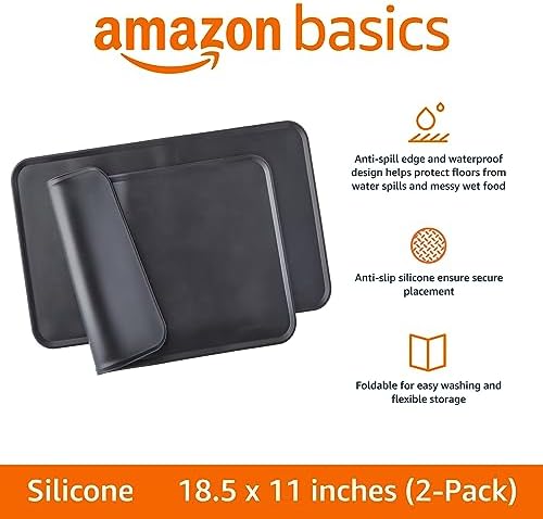 Amazon Basics Waterproof Anti-Slip Silicone Cat & Dog Food Mat, Pet Mats with Raised Edges for Food and Water Bowl to Protect Floors, 18.5 x 11.5 Inches, Black, Solid - Pack of 2