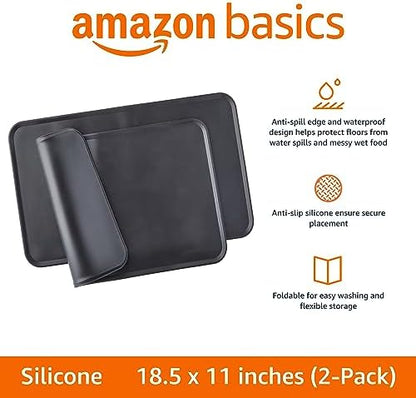 Amazon Basics Waterproof Anti-Slip Silicone Cat & Dog Food Mat, Pet Mats with Raised Edges for Food and Water Bowl to Protect Floors, 18.5 x 11.5 Inches, Black, Solid - Pack of 2