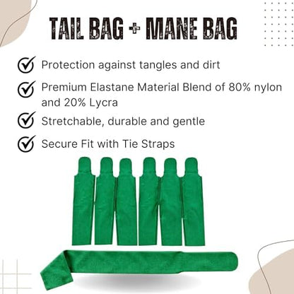 Ranch Hand -Horse Mane and Tail Bag Set, 7 Piece Lycra Hair Protection Bundle for Horses, Includes 6 Mane Bags and 1 Tail Bag — Durable, Stretch Lycra Protection (Green)