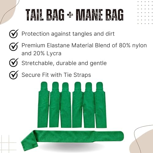 Ranch Hand -Horse Mane and Tail Bag Set, 7 Piece Lycra Hair Protection Bundle for Horses, Includes 6 Mane Bags and 1 Tail Bag — Durable, Stretch Lycra Protection (Green)