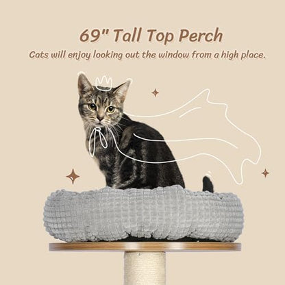 Tall Wooden Cat Tree, 69.3 Inch Modern Cat Tower for Indoor Cats, Multi-Level Cat Condo with 5 Scratching Posts, Perch, Cat Furniture for Big Cats, Rustic Brown