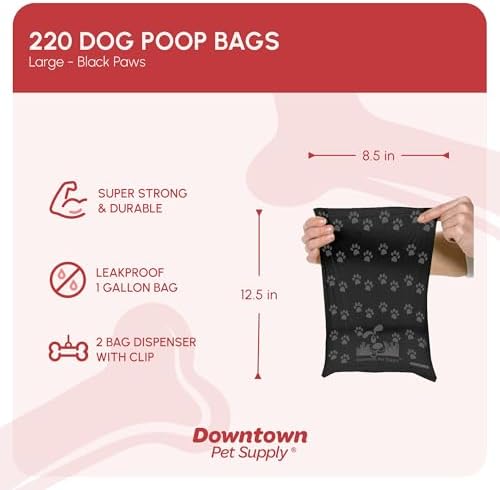 Downtown Pet Supply Poop Bags for Dogs with Dispenser, 220 Count - Leak-Proof Dog Waste Bags and Bone-Shaped Dog Poop Bags Holder for Leash - Black with Paw Prints, 12.5" x 8.5"