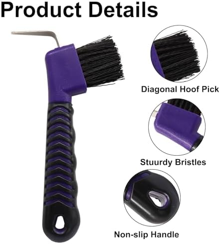 Hoof Pick Brushes, Soft Touch Rubber Handle Portable Hoofpick, Stiff Hoof Pick for Horse Care, Groomers (Purple)
