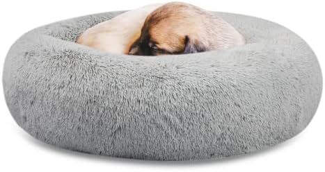 SAVFOX 20 inches Calming Donut Dog Bed - 3X Durable Plush Faux Fur, Machine Washable & Non-Slip, Fits up to 15 lbs, Light Grey