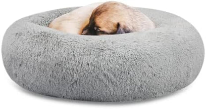 SAVFOX 20 inches Calming Donut Dog Bed - 3X Durable Plush Faux Fur, Machine Washable & Non-Slip, Fits up to 15 lbs, Light Grey