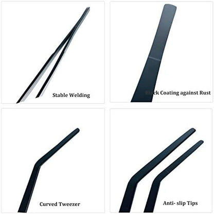 FRUTA Aquarium Tweezers Stainless Steel Curved Tweezer with Carbonation Protection Coating Against Rust Long Reptiles Feeding Tongs for Aquatic Plants Spider Snakes Lizards, 15 inch - Black Curved