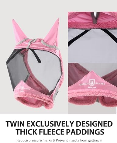 Harrison Howard Horse Fly Mask UV Protective Fine Mesh with Extra Wool Soft Touch on Skin Fly and UV Protection Light Pink-Black L