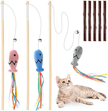 Natural Wood Cat Wand Toy with Ribbon Fish Teaser - 3pcs, 16 Inch