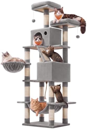 Feandrea Cat Tree, 81.1-Inch Large Cat Tower, Multi-Level Condo, Light Gray