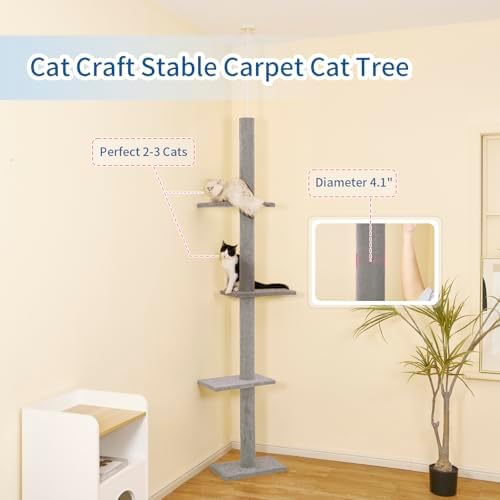 Cat Craft Cat Tree Floor to Ceiling 95-108" Tall Cat Tree Carpet Cat Tower Kitten Tree Sisal Scratching Post and Mat Cat Pole for Indoor Cats, Gray, 4-Tier