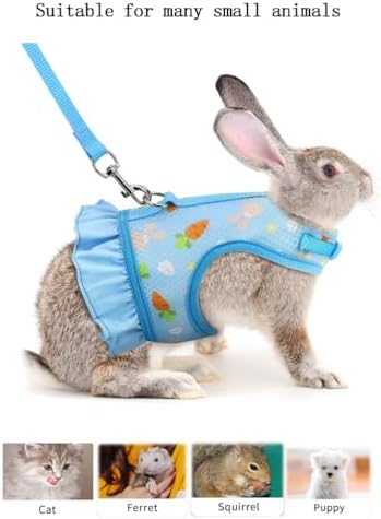 Rabbit Leash and Harness Set,Proof Walking Escape Cute Floral Mesh Vest Breathable Rabbit Clothes for Bunnies Hiking, Training for Ferret Kitten Puppy Small Pet Harness Blue M