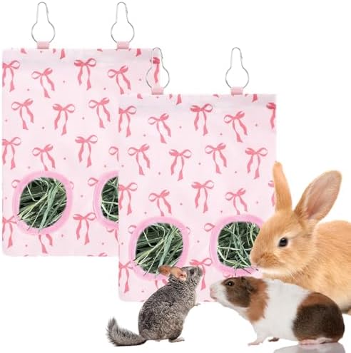 JarThenaAMCS 2Pcs Rabbit Hay Feeder Bag with 2 Holes Pink Bow Guinea Pig Hanging Hay Feeding Bag Storage Dispenser for Chinchilla Hamster Bunny Small Animal Pet