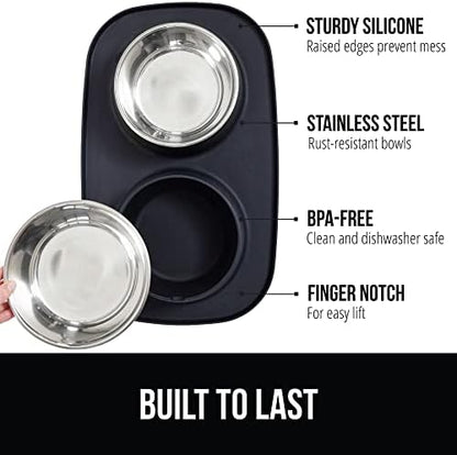 GORILLA GRIP Dog Bowl Set with Feeding Mat, 304 Stainless Steel 4 Cup Black