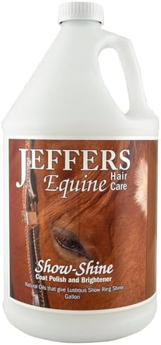 Jeffers Equine Show Shine Horse Coat Polish & Brightener Spray 128oz - Grooming Spray for High Shine Coat Finish, Mane & Tail Detangler, Dust & Dirt Control, Non Greasy Formula w/Fruity Floral Scent