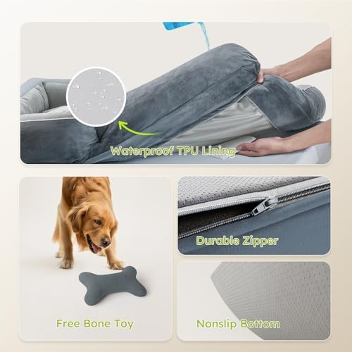 CWAWZ Dog Beds for Large Dogs, Orthopedic Dog Bed with Cooling Gel Memory Foam, Waterproof Large Pet Bed with Removable Washable Cover, 36" Pet Sofa Couch Dutch Velvet with Bone Toy, Dark Gray