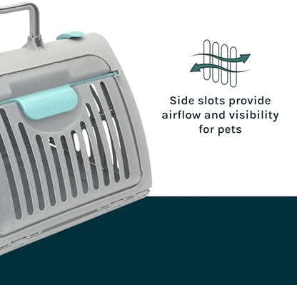 SportPet Large Hard-Sided Travel Cat Carrier - Cat Carrier with Patented Wide Side-Opening Door, Foldable Portable Pet Carrier with Removable Bed for Cats & Small Pets up to 25lbs - Gray