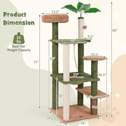 PETSITE 60 inch Cactus Cat Tree Tower, Multi-Level Cat Tower with Sisal Scratching Posts, Sisal Rope, Hanging Ball, Self Groomer and Decorative Faux Plant, Cute Cat Tree for Indoor Cats