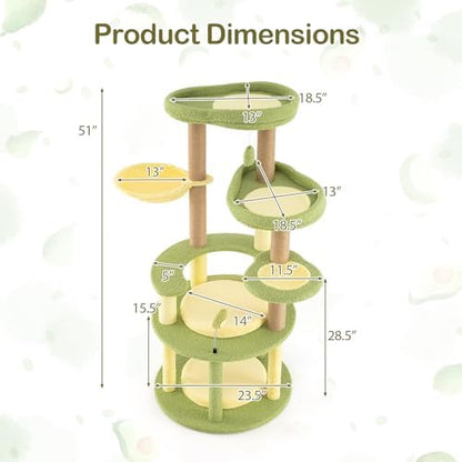 PETSITE 51-inch Avocado-Themed Cat Tree, Multi-Level Modern Cat Tower with Jute Scratching Posts, Avocado-Shaped Dangling and Spring Toy, and Removable Cushions, Cute Cat Tree Tower for Indoor Cats