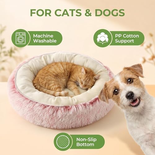 Calming Donut Pet Bed, Fluffy Long Fur Outer & Short Fur Inner, Sweat-Free & Cozy, Non-Slip Bottom, for Small Medium Dogs, Cats, Puppies & Kittens (Pink, 23.6 in)