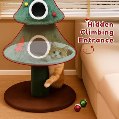 LUCKLIFE 52" Christmas Cat Tree with 2 Cozy Houses,Indoor Modern Cat Tower with Anti-Tip Kit,Plush Perches & Hanging Balls,Holiday Cat Climbing Furniture for Kittens to Play and Sleep