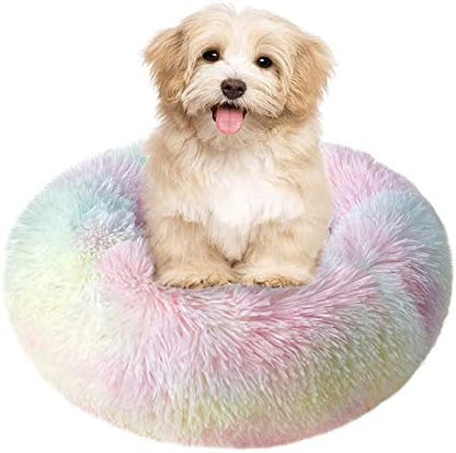 otoez Kitten Puppy Bed Extra Small XS Round Dog Cat Beds Anti Anxiety Plush Pet Calming Donut Bed with Non-Slip Waterproof Bottom, Washable (15.7", Rainbow)