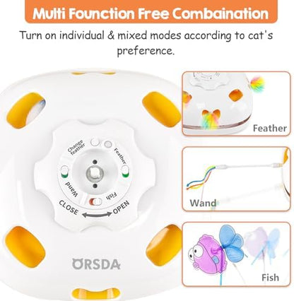 ORSDA Cat Toys for Indoor Cats, 5 in 1 Interactive Automatic Kitten Toys Rechargeable Electric Hide and Seek, Moving Feather, Whack-A-Mole, Spin Flying Teaser Wand Exercise Kicker, Gifts for Cat