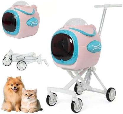 4 in 1 Foldable Pet Stroller with Detachable Carrier for Small Dogs & Cats, Space Capsule Travel Stroller with Inbuilt Fan,Temperature Display & Night Light,Puppy Kitty Doggie Bunny Stroller(Pink)