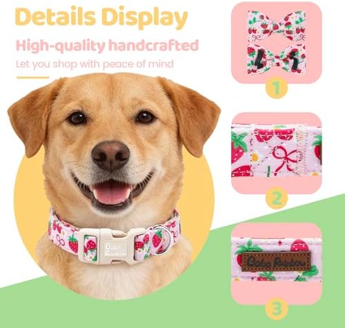 Dog Collars, Spring Red Strawberry Print Cotton Collar Pink Adjustable Light Plastic Buckle Collar with Bow Pet Collar Gift for Large Dogs
