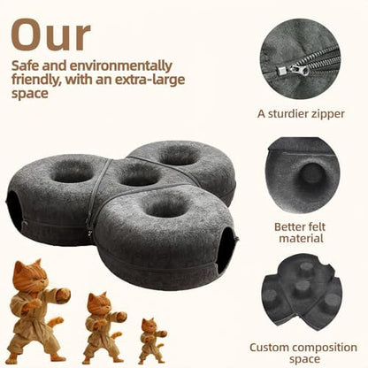 4-in-1 Large Cat Tunnel Bed for Multiple Large Cats, Scratch Resistant Donut & Detachable & Washable Donut Cat Bed,Up to 45 Lbs (L 40x40x11,Charcoal Gray),Bonus Pet Hair Remover Included