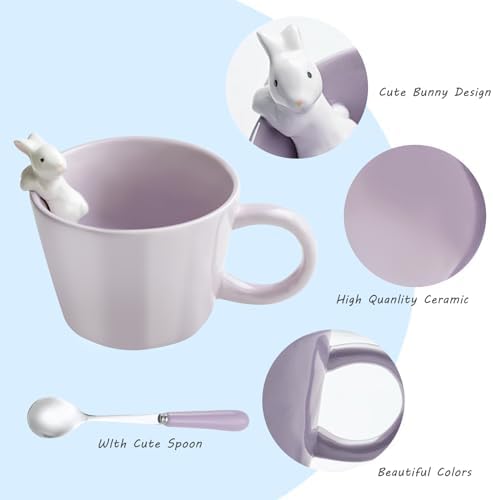 BigNoseDeer Cute Easter Bunny Mugs with 3D Rabbit Inside Ceramic Bunny Coffee Mug with Spoon Cute Gifts Easter Gifts for Women Kids 12oz (Purple)