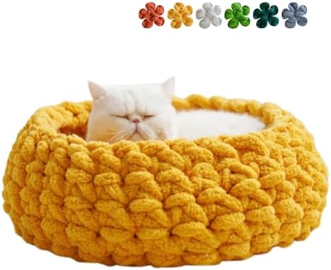 Cat Nest Bed, Handwoven Washable Round Cave Kitten (Yellow,L)