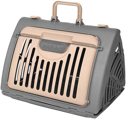 SportPet Designs Foldable Travel Cat Carrier - Front Door Plastic Collapsible Carrier, Gray and Tan, Medium (Pack of 1)