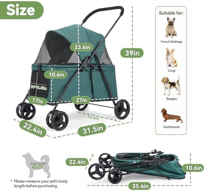 20% Larger Capacity, Wedyvko Dog Stroller for Medium/Small Pets w/Dog Poop Bags & Dispenser, Storage Pouch, Zipperless, Entry in/Out Easy (Dark Green)