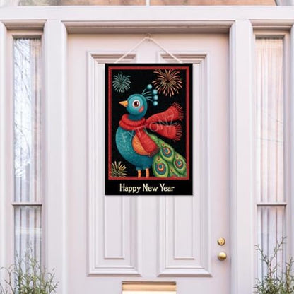 Happy New Year Garden Flag 12x18 Double Sided Vertical Linen Small Fireworks Peacock House Flag Welcome Holiday Winter House Outdoor Outside Decorations (27185)