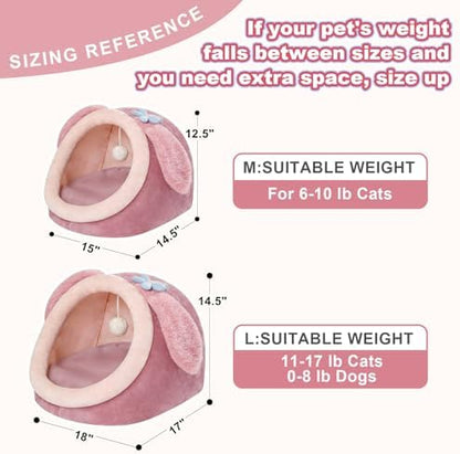 Jiupety Cute Cat Bed for Indoor, Cats Warm Soft Cave Fit for 6-10 lb Cat, Pink Rabbit, M
