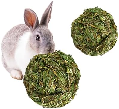 PINVNBY 2 Pcs Rabbit Timothy Hay Balls,Natural Bunny Chew Toys Grass Ball Small Animal Teeth Grinding Activity Woven Play Ball for Rabbit Guinea Pigs Hamsters Chinchillas