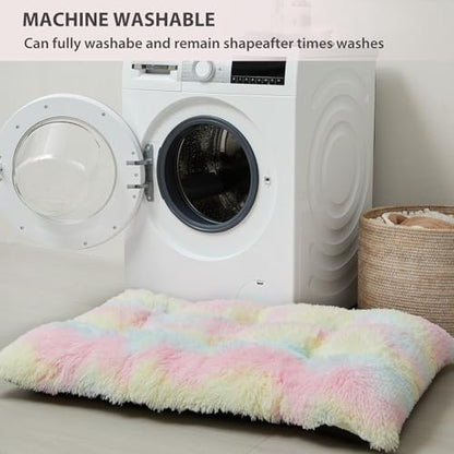 BFPETHOME Dog Beds for Large Dogs, Plush Dog Crate Bed Fluffy Cozy Kennel Pad for Sleeping &Ease Anxiety, Washable Pet Mats with Anti-Slip Bottom for Large Dogs, Rainbow